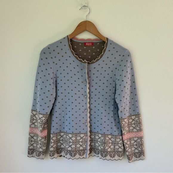 Oleana Espeland Wool Silk Cardigan | Scandinavian Knit Polka Dot Floral | Small - Picture 1 of 6